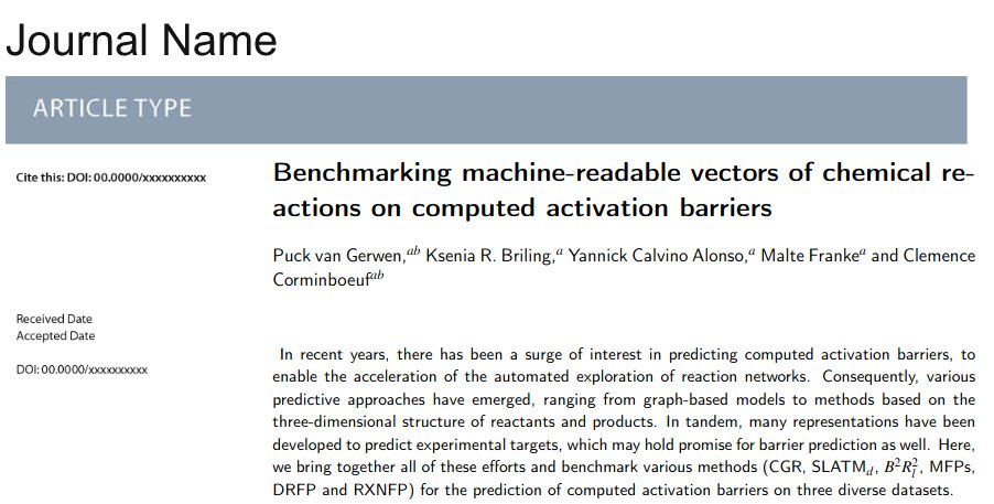 Puck van Gerwen (@puckvg) on Twitter photo Out on the arXiv: benchmarking representations for chemical reactions on the prediction of activation barriers. chemrxiv.org/engage/chemrxi… Thanks <a href="/NCCR_Catalysis/">NCCR Catalysis</a> <a href="/corminboeuf_lab/">clemence corminboeuf</a> <a href="/maltefranke_/">Malte Franke</a> and the lovely Ksenia and Yannick Out on the arXiv: benchmarking representations for chemical reactions on the prediction of activation barriers. chemrxiv.org/engage/chemrxi… Thanks <a href="/NCCR_Catalysis/">NCCR Catalysis</a> <a href="/corminboeuf_lab/">clemence corminboeuf</a> <a href="/maltefranke_/">Malte Franke</a> and the lovely Ksenia and Yannick