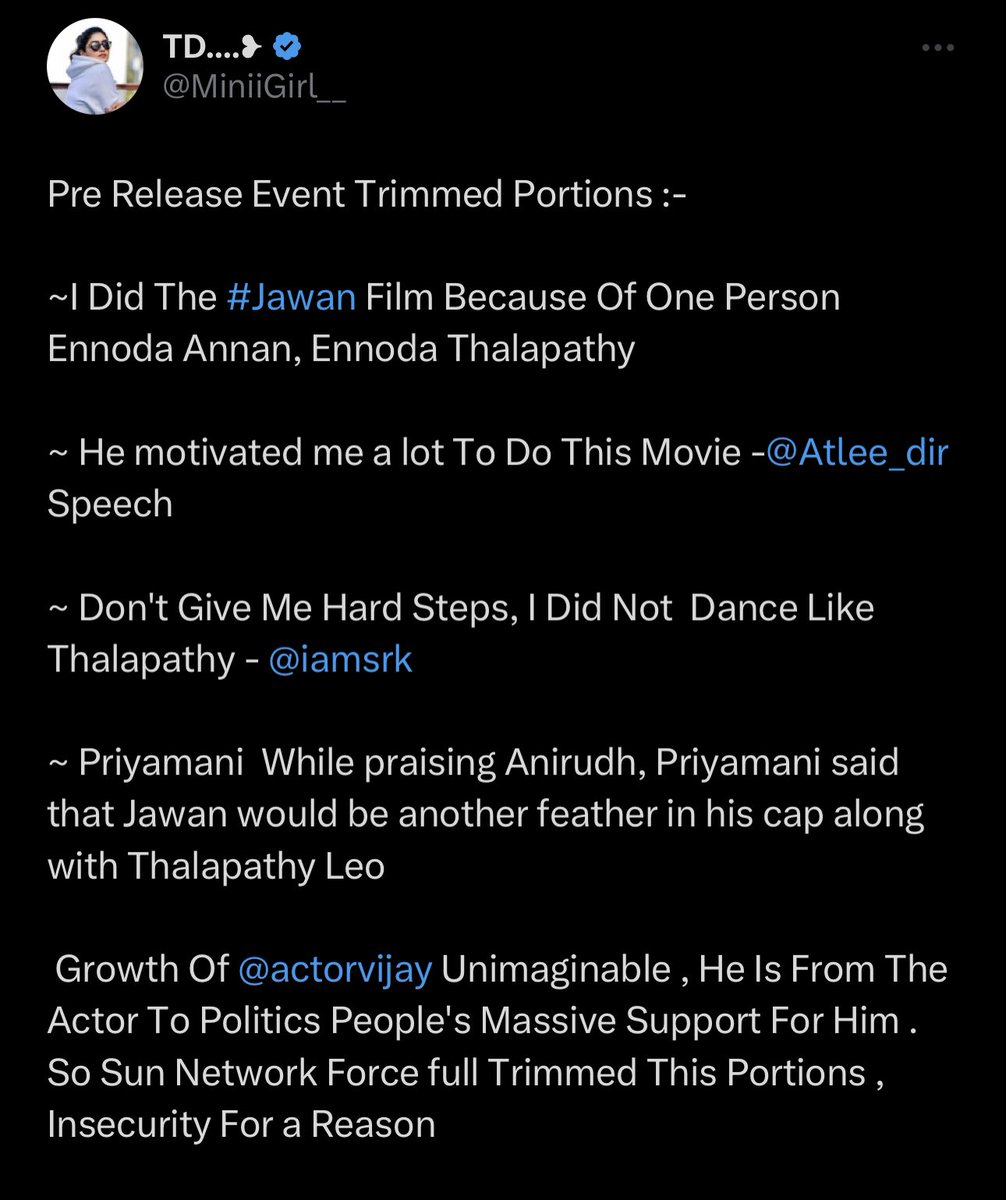 tamiltalkies's tweet photo. ஜோசப் எனும் முன்பெயர்.. பாக்ஸ் ஆபீஸ் ட்ராக்கிங் மற்றும் செய்யாறு ஓலாக்களுக்கு எரிச்சலை தருவதைப்போல.. அவரது அரசியல் பிரவேச அறிகுறிகளும் சிலருக்கு கடுப்பை கிளப்பியுள்ளன.

இன்னொரு பக்கம்.. இவர்தான் நம்பர் 1 வியாபார மற்றும் வசூல் சக்ரவர்த்தி எனும் உண்மை.. வேறு தரப்பிற்கு பேதியை உண்டாக்கியுள்ளது.

சூப் ஸ்டார் பட நிகழ்ச்சியில் விஜய்யின் மாஸ்டர் பாடல் நிறுத்தப்பட்டது. 'பட்டத்தை பறிக்கறாங்க' என்று பாடல் மூலம் அலறி துடித்தார் ஆறிப்போன சூப் ஸ்டார்.

இதுவரை அந்த உலகமகா பட்டம் பற்றி விஜய் வாய் திறக்கவே இல்லை. ஆனால் சூப்பின் அல்லக்கைகள் எல்லாம் 'தலைவர்தான் ஒரே சூப் ஸ்டார். விஜய்க்குதான் தளபதி பட்டம் இருக்கே? இதற்கு ஏன் ஆசை��்படுகிறார்?' என்று ஓயாமல் உளறுகின்றன.

தற்போது ஜவான் நிகழ்ச்சியில் விஜய் குறித்து அட்லீ பேசியவை கட் செய்யப்பட்டன.

ஆக.. மொத்த கரகாட்ட கோஷ்டியும் ஒத்த ஆளை பாத்து பீதியாகி இருக்கீங்க. மிக்க மகிழ்ச்சி.