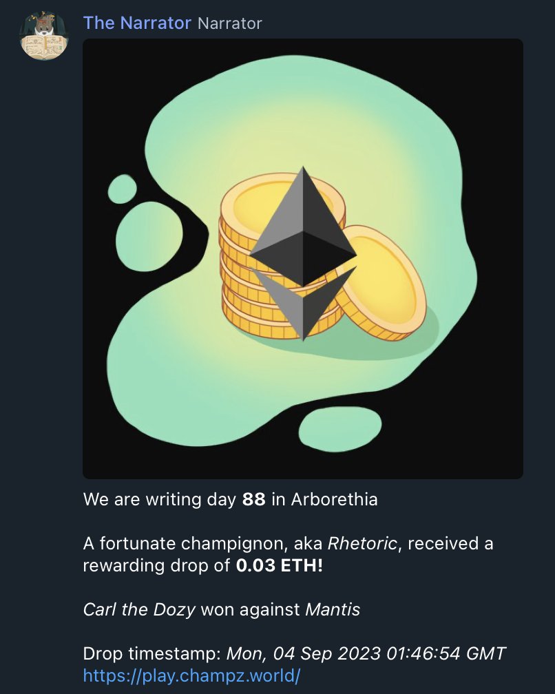Scottylatt's tweet photo. Started 3 days ago and already found my first ETH drop. Wasn't even in it for the rewards tbh. Am playing the game because I enjoy it but who doesn't like free money? 😏

$CHAMPZ

@ChampzErc https://t.co/3PMTXgSv2s