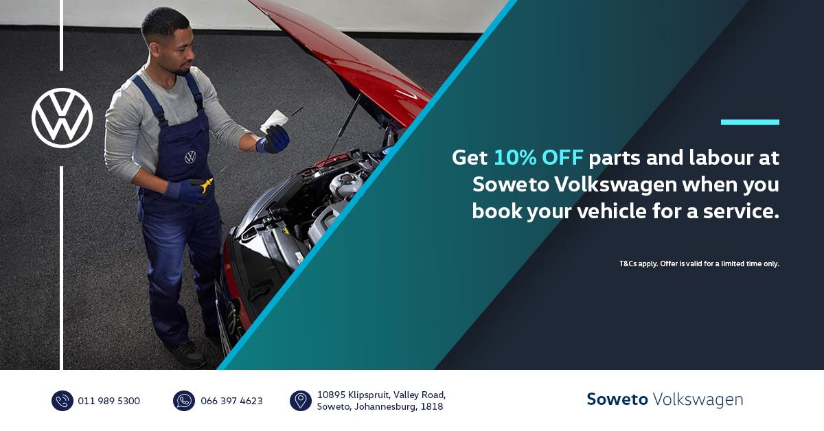 Get 10% off Parts and Labour when you book in your vehicle for service at Soweto Volkswagen.

Call: 011 989 5300
WhatsApp: 066 397 4623

#vw #service
