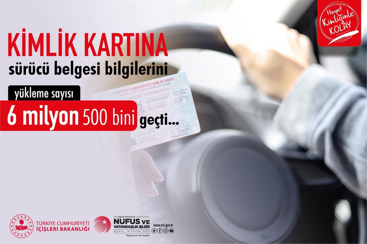 Hayat Kimliğinle Kolay projesi ile kimlik kartınıza sürücü belge bilgilerinizi aktarabilirsiniz ‼️

✅Bugüne kadar 6.500.000 sürücü belgesini kimlik kartına aktardık‼️

✅Her iki belgenin yeni tip olması durumunda;
Nüfusmatiklerimiz veya randevu alarak nüfus müdürlüklerimizden