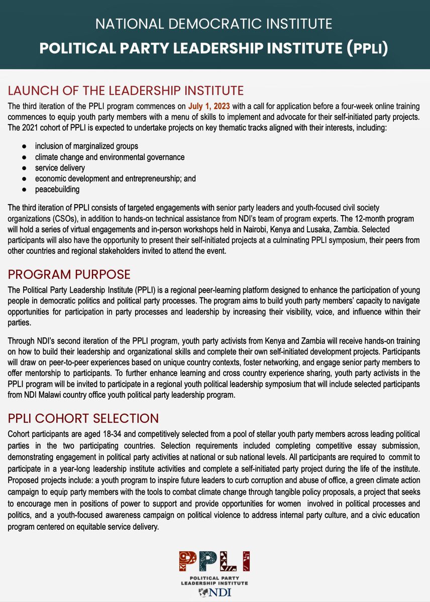 ~ (@smotieno) on Twitter photo Dear <a href="/SMOtieno/">~</a>,
Following a competitive recruitment, you’ve been selected to participate in NDI’s PPLI 2023 cohort.
The program enhances the capacity of young party members to implement initiatives that position them to contribute to political party processes.
Sincerely, <a href="/NDI/">National Democratic Institute</a> Dear <a href="/SMOtieno/">~</a>,
Following a competitive recruitment, you’ve been selected to participate in NDI’s PPLI 2023 cohort.
The program enhances the capacity of young party members to implement initiatives that position them to contribute to political party processes.
Sincerely, <a href="/NDI/">National Democratic Institute</a>