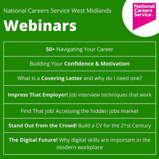 Our upcoming webinars can support you to further your career. To find out more about any of these webinars or to book your free place.

eventbrite.co.uk/o/national-car…

#Webinars #AskNationalCareers #WestMidlands
#BrumCharityHour #CovHour #EveshamHour #ShrewsburyHour
