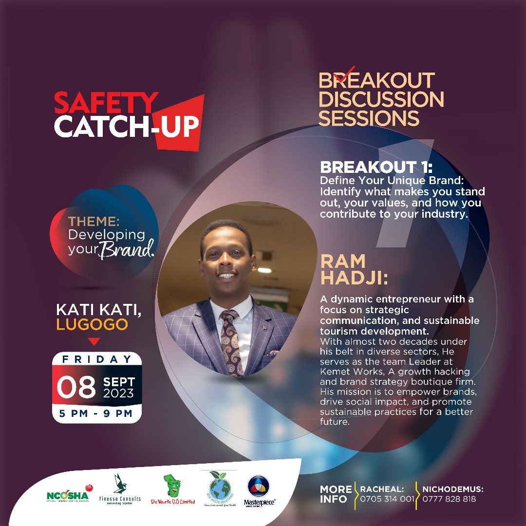 Our team leader @ramhadji will be a panelist and it's all thanks to our sponsors for enabling this space. 

Join us in thanking @dewasteug, Masterpiece, Koa Waste Solutions (U) Ltd, @NcoshaU & @Finesseconsults 

#SafetyCatchUp #PersonalBranding #CareerGrowth #HSEProfessionals