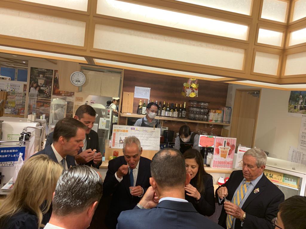 USAmbJapan's tweet image. Kudos to @RepStefanik and the 12-member bipartisan delegation for making time to purchase Fukushima products &amp;amp; support the community. Big thanks to Midette for representing Fukushima here in Tokyo and showcasing the region's resilience in recovery. America stands with Japan!