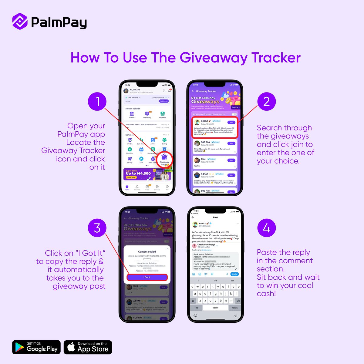 Symply_Tacha's tweet photo. Hi Titans 🔱, I'm back with another exciting giveaway from @PalmPay_ng! This time only people that use the PalmPay giveaway tracker can win.

It's simple! Just open your PalmPay app and tap on the Giveaway Tracker icon. Choose the pinned giveaway from me, copy the text pop up to reply this giveaway and then reply this post on Twitter with it.

Winners will be chosen at random, but you must be following PalmPay on all platforms and use the hashtags. Feel free to rally your friend's for engagement to increase your visibility.

Good luck💜🔱  #PalmPayGloBonanza #PalmPayXTacha #TachaXPalmPay