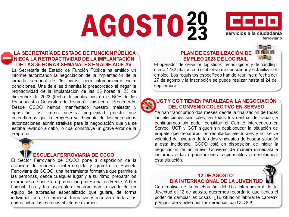 Resumen con lo más destacado de la #AcciónSindical del sector ferroviario en agosto:

✅ Plan de Estabilización de Empleo de LogiRAIL

⏰ Retroactividad en la implantación de las 35 horas semanales en Adif y Adif AV

❌ Paralizada la negociación del Convenio Colectivo de Serveo