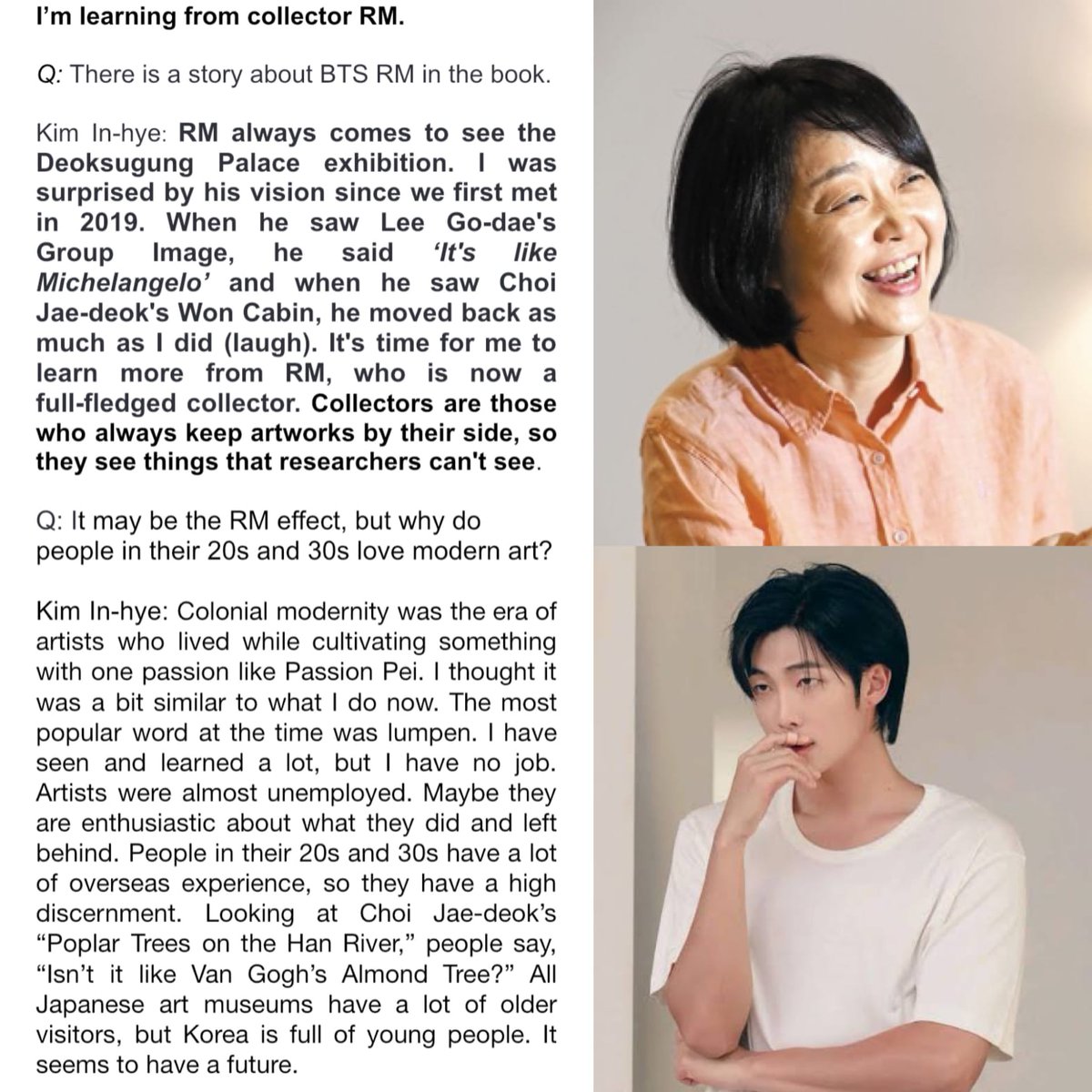 _belhj_'s tweet photo. - #RM

La historiadora de arte Kim In-hye mencionó a Namjoon en su nuevo libro “Salon de Gyeogseong” y habló sobre ello en una entrevista:

“RM siempre viene a ver la exposición del Palacio Deoksugung. Me sorprendió su visión desde que nos conocimos por primera vez en 2019 (…)” https://t.co/RST4YobJhQ