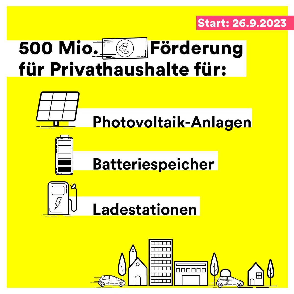 Unser Ziel: Die #Elektromobilität⚡ noch attraktiver machen. Deswegen starten wir ab 26. September ein neues Förderprogramm für private Haushalte. 👍Voraussetzung für die Förderung ist ein #eAuto bzw. die Vorlage der Bestellung eines eAutos.🚗