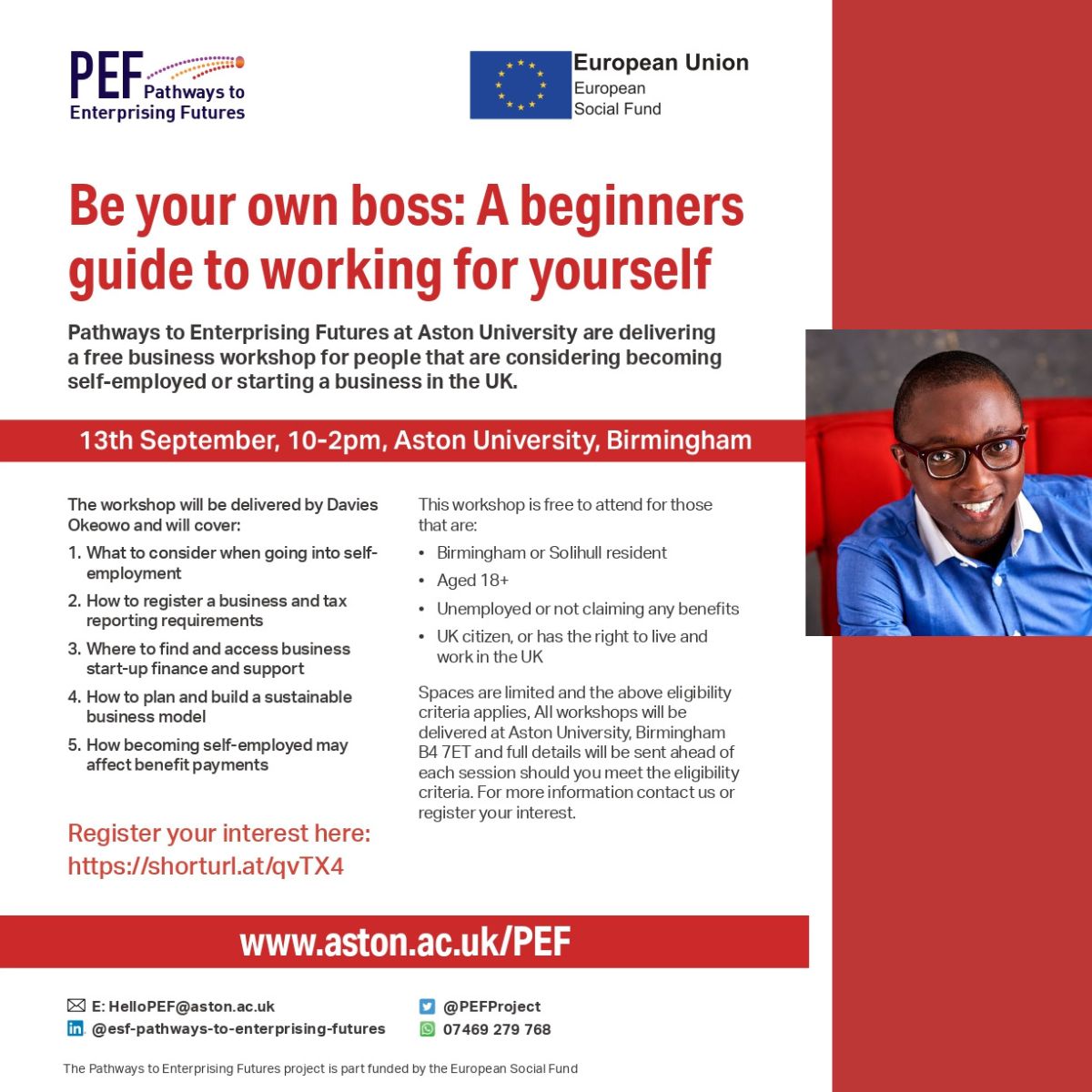 Unemployed &amp; wanting to start a business? 

Don't miss our FREE Entrepreneurship Workshop on Sep 13, 2023! <a href="/AstonUniversity/">Aston University</a>

Learn essentials, funding tips, and more. For 18+ residents of #Birmingham &amp; #Solihull #PEFproject

Register now: : eventbrite.co.uk/e/be-your-own-…
#BeYourOwnBoss