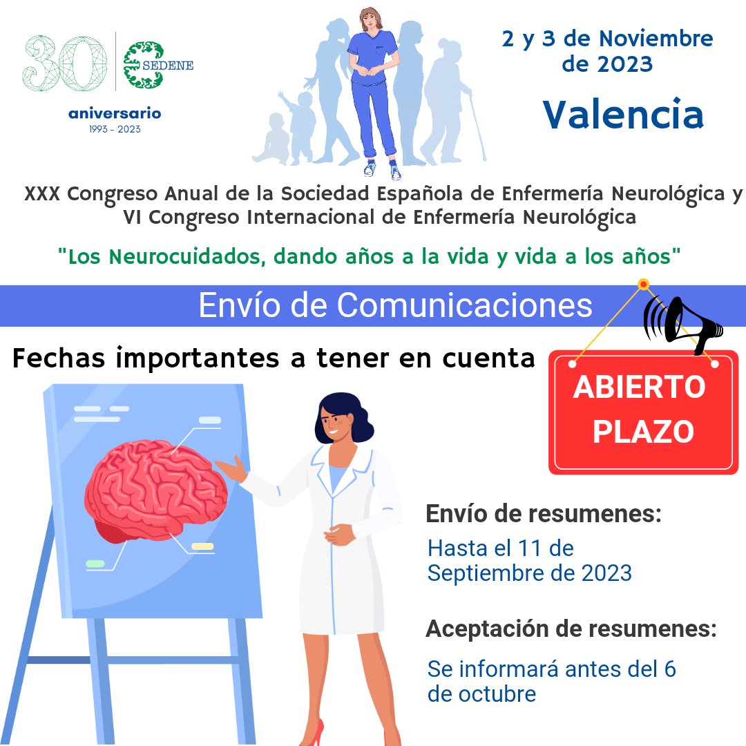 sedenered's tweet photo. ¿Te has inscrito ya a nuestro XXX congreso nacional de #enfermería neurológica que tendrá lugar en Valencia los días 2 y 3 de Noviembre?

Importante‼️
Entramos en la cuenta atrás para la entrega de comunicaciones‼️

Fecha tope; 11 de Septiembre

Más info⬇️
https://t.co/dWHutjpZTM https://t.co/4CBNRJkSDY