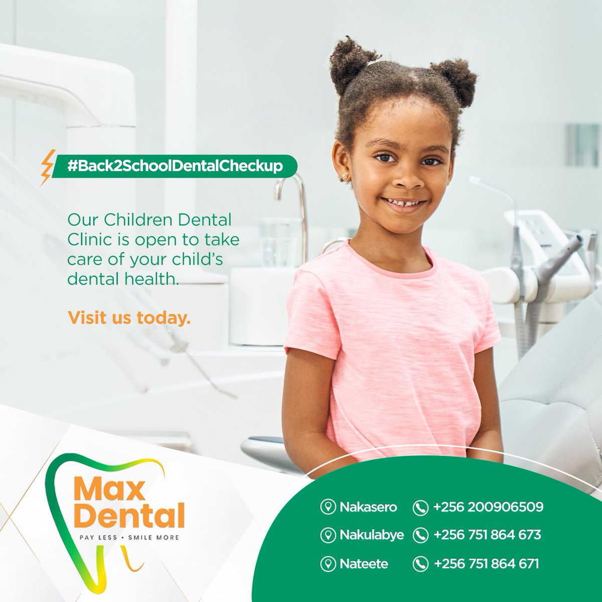 #Back2School2SchoolDentalCheckup #MaxDental 
Make your child’s school stay worthwhile by bringing them to us to align their dental health.

Visit at our Branches; Nakasero - 0200 906 509, Nakulabye - 0751 864 673
Nateete - 0751 864 671