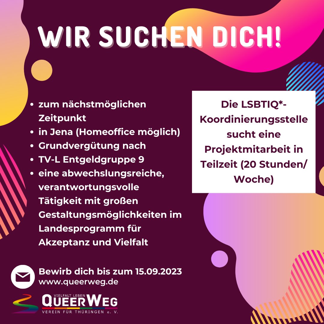 Wir suchen Dich! 👋

Für unsere LSBTIQ*-Koordinierungsstelle suchen wir zum nächstmöglichen Zeitpunkt eine Projektmitarbeit (bis 20h/Woche).  Auf Dich wartet eine abwechslungsreiche, verantwortungsvolle Tätigkeit mit großen Gestaltungs­möglichkeiten im Rahmen des ... [1/2]
