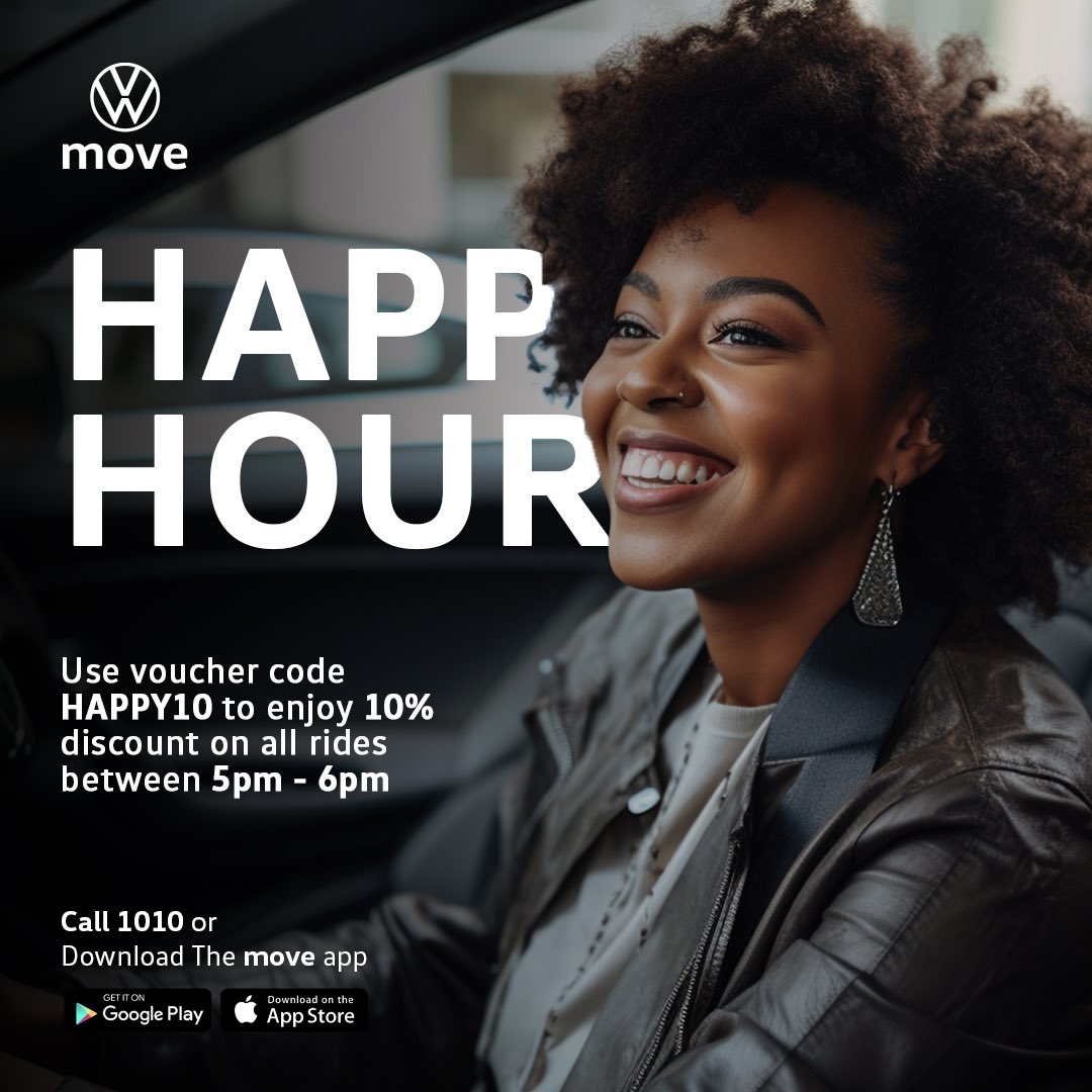 Yes, We have a happy hour today enjoy 10% off of all rides when you book from 5pm to 6pm Use voucher code HAPPY10. Enjoy your rides 🤗

#BecauseWeCare
#HappyHour
#VWRwanda