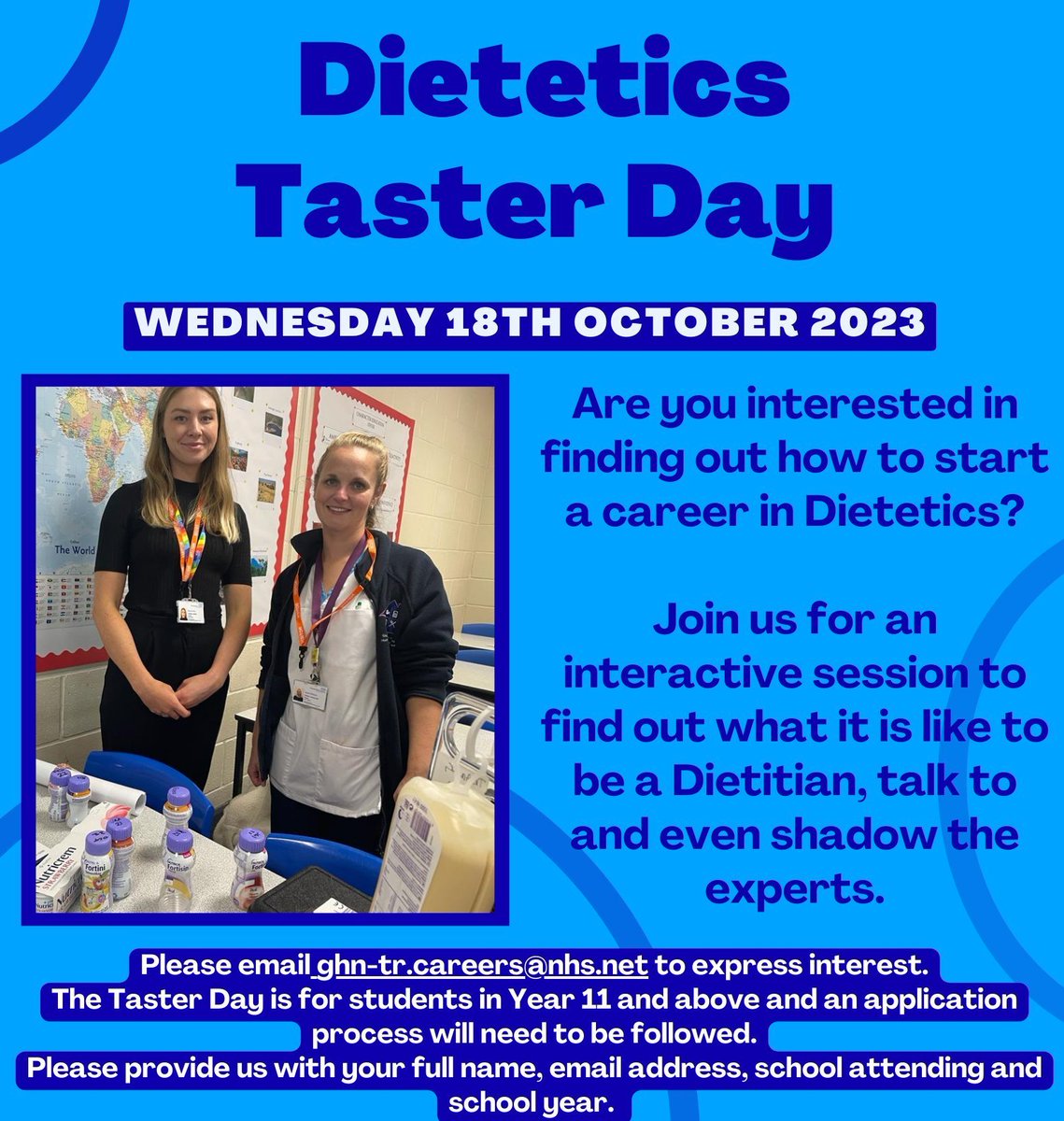 Don't miss out! 🚨 

#Dietetics Taster Day is now available to apply for. Email ghn-tr.careers@nhs.net for more details.  
 
#WeAreDietetics #CareersDay #CareersFamily #SkillsforLife #350careers #StepintotheNHS