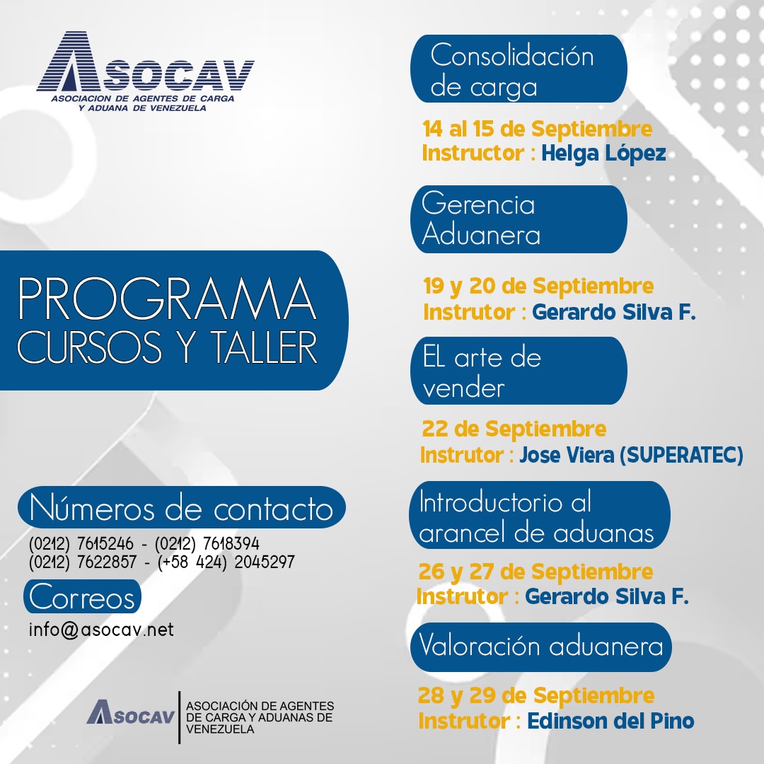 ¡Contáctanos a través de nuestros correos o teléfonos y te daremos toda la información para tu inscripción! 👇🏻

Correos :
info@asocav.net
director2@asocav.net

Números de teléfono
(0212) 761.83.94 / 761.52.46 / 0424.204.52.97

#Cursos #Aduanas #Comerciointernacional