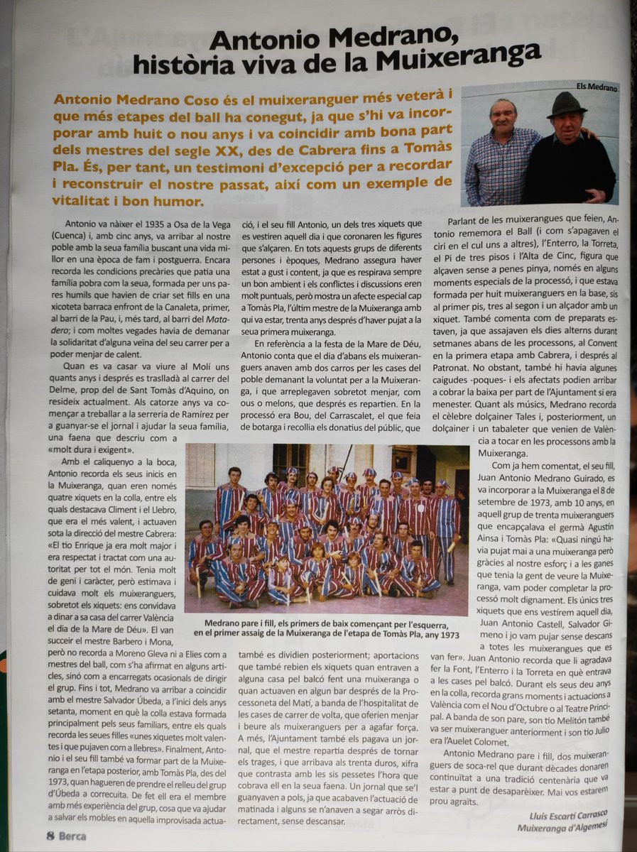 muixerangablava's tweet photo. 📚 La revista Berca de setembre publica un article del muixeranguer més veterà i que més etapes de la Muixeranga ha conegut: Antonio Medrano. El nostre sincer reconeixement i estima 🙌🏼🥰 #50AnysMuixeranga #AlgemesíUNESCO https://t.co/N2seRQZ3i5