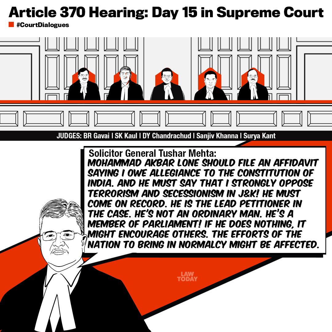 LawTodayLive's tweet photo. #CourtDialogues
Centre asks NC leader Mohd Akbar Lone to pledge his allegiance to the Constitution by way of an affidavit before the Supreme Court. “He must say that he strongly opposes terrorism & secessionism in J&K” says Solicitor General Tushar Mehta.
Read more here! https://t.co/iDnE4IA1TI