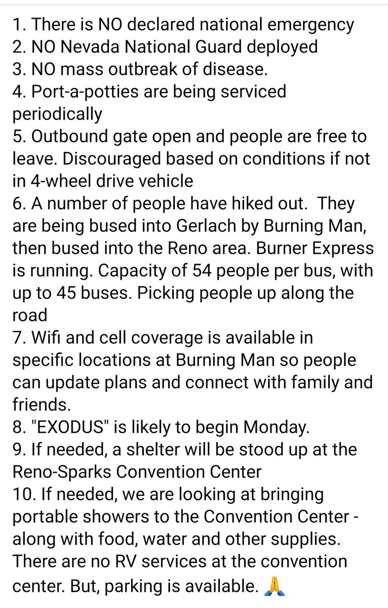 NaomiDuerr's tweet image. Update @CityofReno received Sunday afternoon on @burningman situation. Stay safe out there, #burners!  Thanks to all the helpers ❤️ @WashoeSheriff @NVEnergy @RenoAirport @washoecounty @renotahoe
 @VoteAlexisHill @MayorSchieve