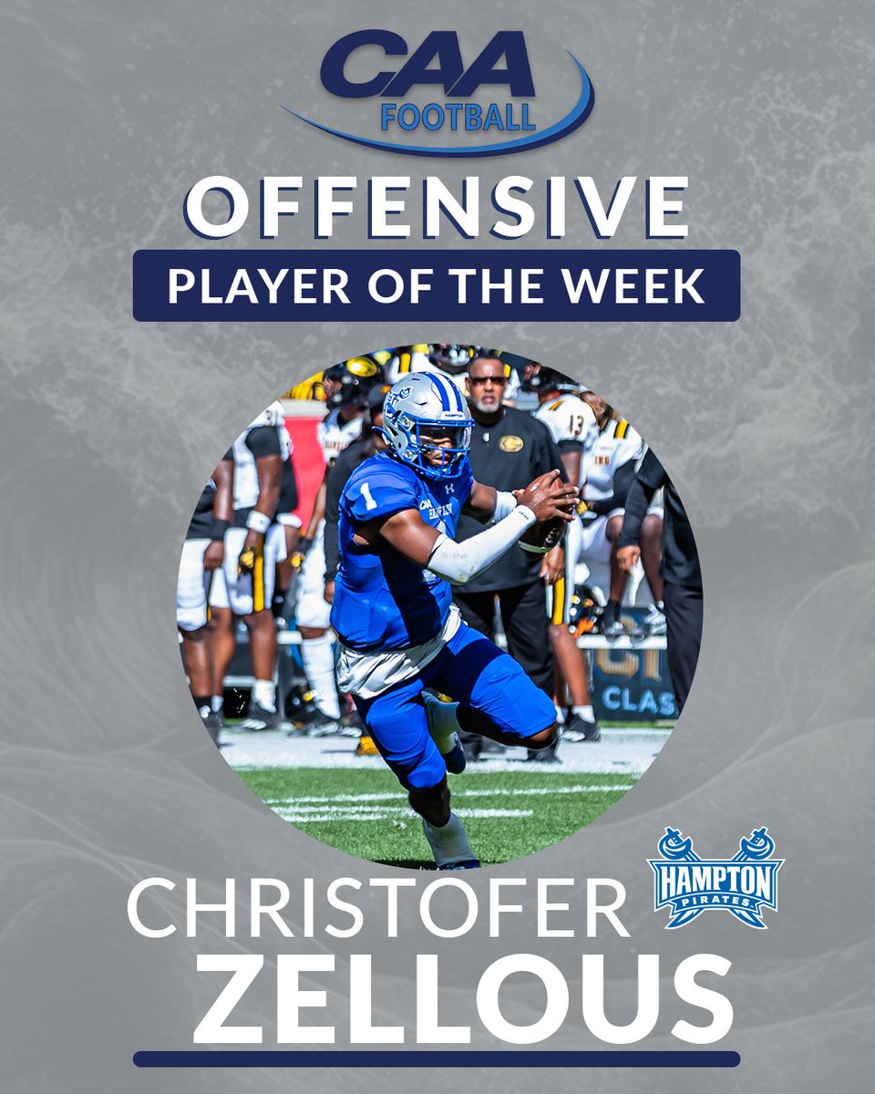 🏈 #CAAFB Offensive Player of the Week @Hampton_FB's Christofer Zellous accounted for 269 yards of offense and four touchdowns in Hampton’s 35-31 win over Grambling in @BCHBCUKickoff 📰 bit.ly/3sGaH1X