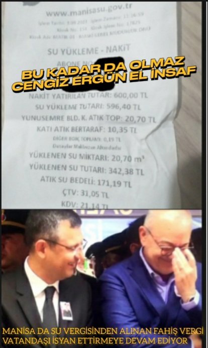 Manisalılar su fiyatlarına isyan etmeye devam ediyor.Vergi,Vergi,vergi nereye kadar....

Manisa da Vatandaş 600 liralık su almaya kalkınca 342 liralık su alabiliyor, geri kalan parası 257,43 lira ise  vergiye gidiyor. Manisa büyük şehir belediyesi vergi rekortmeni oldu.