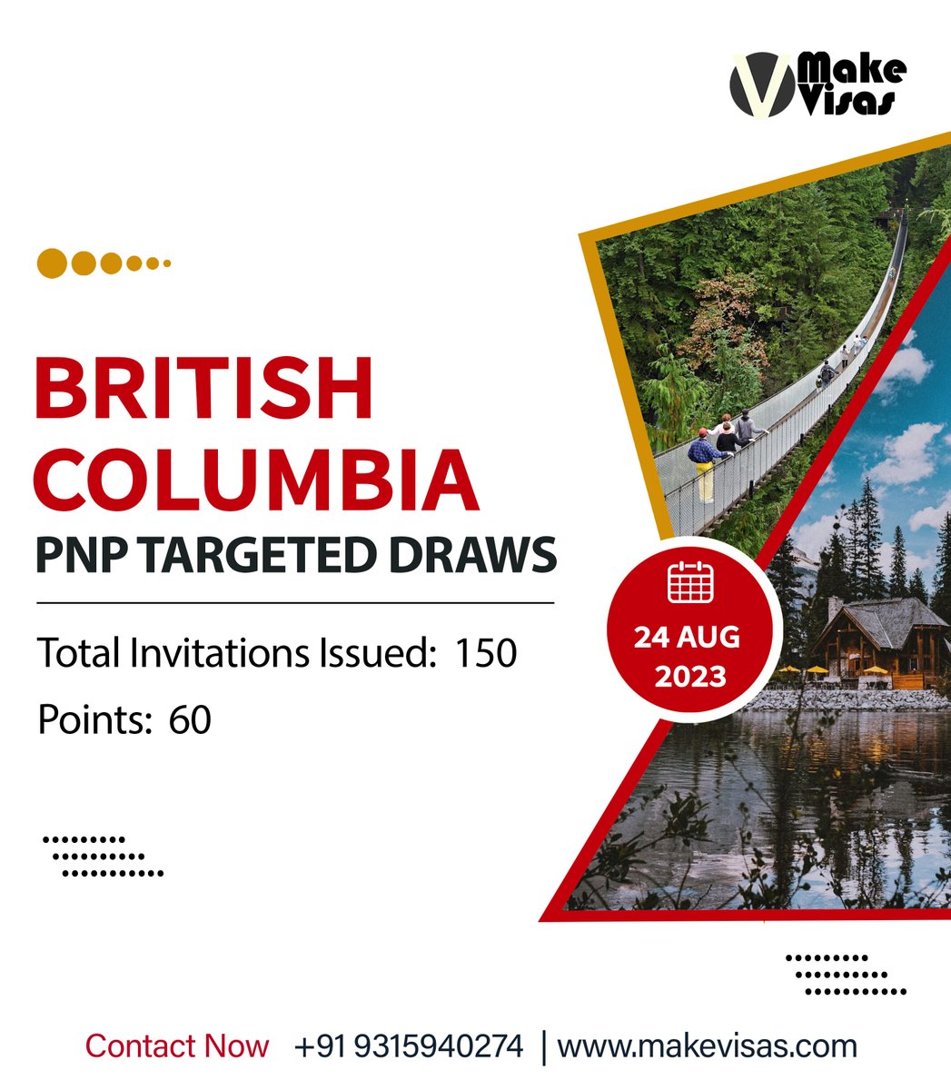 makevisas's tweet photo. British Columbia held its weekly draw on August 29. The province invited more than 150 candidates from the Skilled Worker and International Graduate streams over four separate draws.
Contact:- Make Visas
Call - +919315940274
Email - info@makevisas.com https://t.co/rYal0nKjmZ