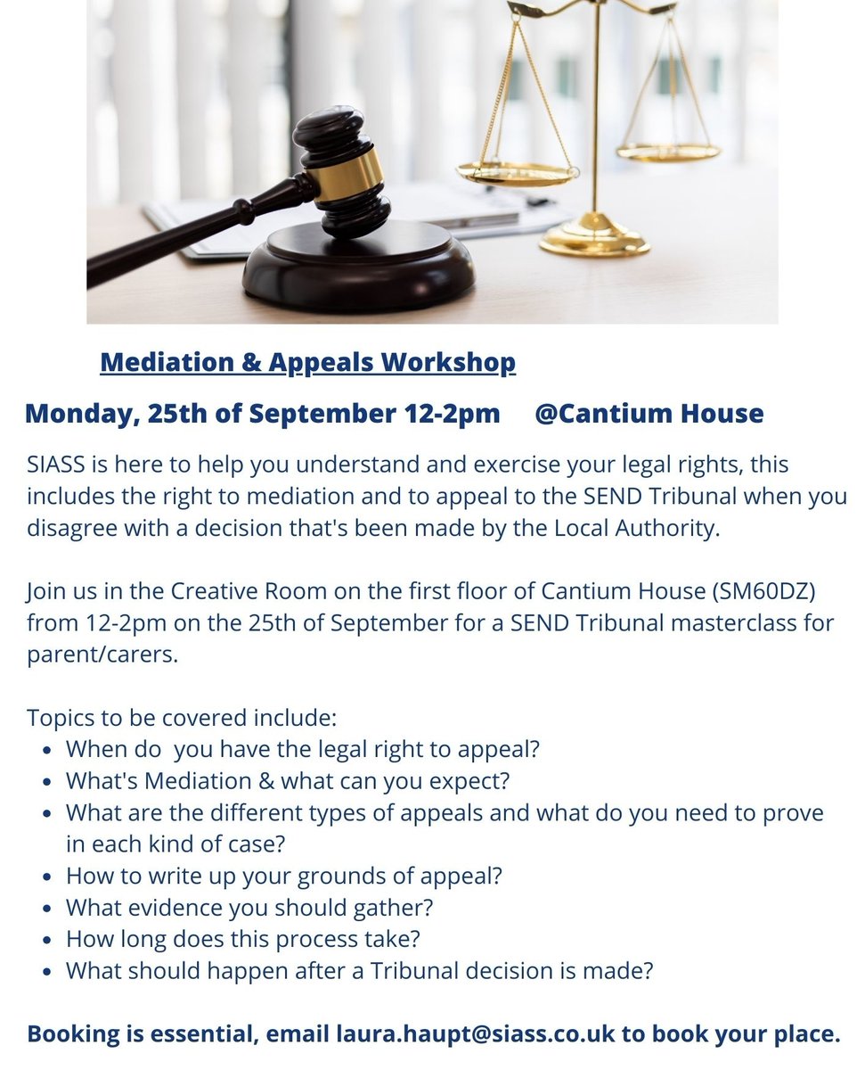 SIASS (@sutton_iass) on Twitter photo SIASS Mediation & Appeals Workshop is scheduled September 25th from 12-2pm in the Creative Room at Cantium on the 1st floor of Cantium House (SM60DZ). Book now to reserve your FREE space! Email laura.haupt@siass.co.uk. #SENDIASS #SUTTON
SIASS Mediation & Appeals Workshop is scheduled September 25th from 12-2pm in the Creative Room at Cantium on the 1st floor of Cantium House (SM60DZ). Book now to reserve your FREE space! Email laura.haupt@siass.co.uk. #SENDIASS #SUTTON
