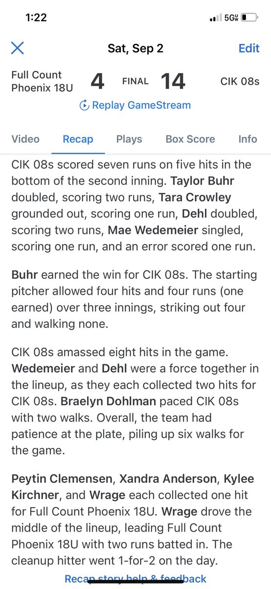 Game #1 yesterday was a win!  The girls played great!  Taylor Buhr took the win on the mound and Mae Wedemeier and Frannie Dehl both added 2 more hits to their stat lines!