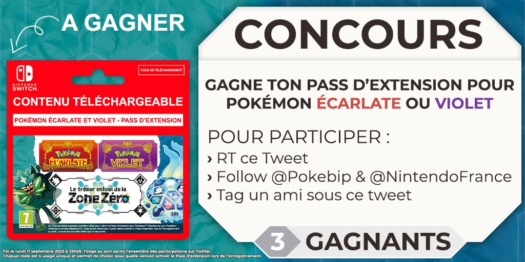 Pokebip's tweet image. ✨CONCOURS 🎁
Pour fêter l'arrivée du Pass d'extension de #PokémonÉcarlateViolet, nous mettons en jeu 3 codes !

🗳️ Pour participer :
› RT ce Tweet
› Follow @Pokebip &amp;amp; @NintendoFrance
› Tag un ami sous ce tweet

📅 Fin le 11/09 à 23h59
🎉 3 Gagnants