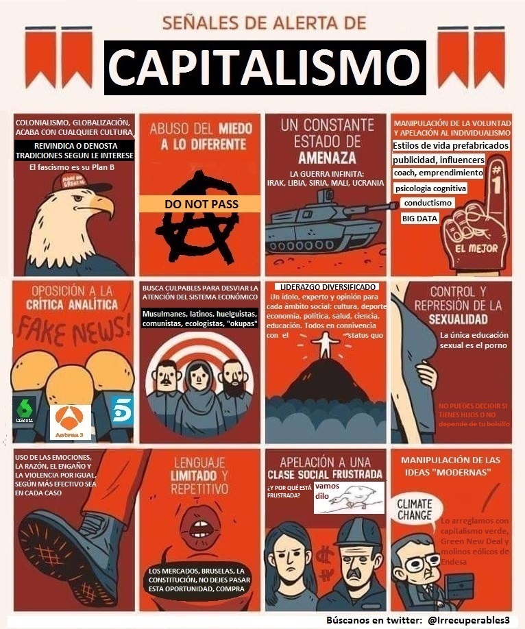 irrecuperables3's tweet photo. Hemos editado este gráfico para adaptarlo a lo que vivimos a día de hoy en el capitalismo (llamado democracia): una realidad más compleja que la del fascismo, cuyo control y manipulación es más difícil de percibir (sin olvidar la amenaza del fascismo)

Si te mola, compártelo https://t.co/bmFto4sIQm