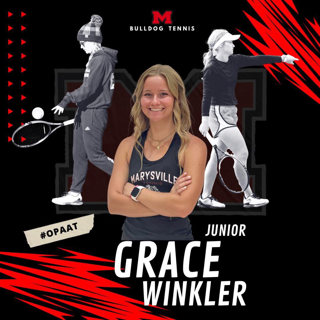 Marysville10s's tweet photo. Get to know Grace Winkler, Junior

🖤Singles or doubles: Doubles.
❤️Favorite place to play: Perry invitational in Lawrence.
🎾Place to eat after a meet: Raising Canes’s
❤️Movie: Cheaper by the Dozen 
🎾Class: Chemistry
🖤Pets: Two dogs and two cats 

#OPAAT #MHSBulldogTennis https://t.co/YGrVw6D9PF