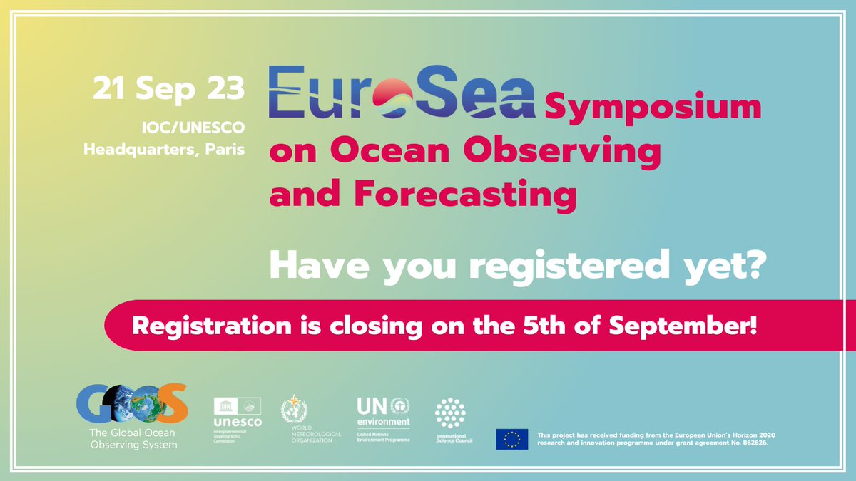🚨Final Call! Registration for the <a href="/Euro_Sea/">EuroSea</a> high-level #Symposium on Ocean Observing and Forecasting is closing soon!
Make sure to register on time via this link: events.geomar.de/event/233/regi…
#oceanobserving #oceandata #oceandecade
<a href="/IocUnesco/">UNESCO Ocean</a> <a href="/GOOSocean/">The Global Ocean Observing System (GOOS)</a>