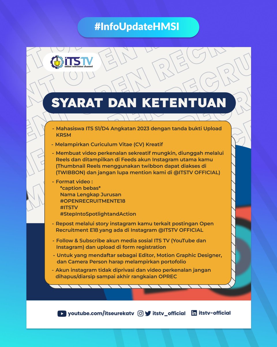 HMSI_ITS's tweet photo. [🎥OPEN RECRUITMEN ITS TV E18🎥]

Halo, Katalis Perubahan! 🙌

Mana nih yang dari kemarin udah nungguin ITS TV buat Oprec 🧐 Akhirnya, yang kalian tunggu hadir juga

📆 Pendaftaran: 2 - 8 September 2023 https://t.co/PWQTHJh7fu