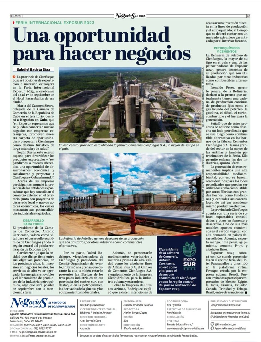 Geominera_SA's tweet photo. Negocios en #Cuba se refiere en su edición de septiembre a la Feria Internacional #Exposur 2023, que tendrá lugar del 14 al 17 de este mes en #Cienfuegos, en la que se buscarán opciones de exportación e inversión extranjera.
➡️ Más info: https://t.co/CFariLFIrn
#InvertirEnCuba https://t.co/5AdAkwjPTD