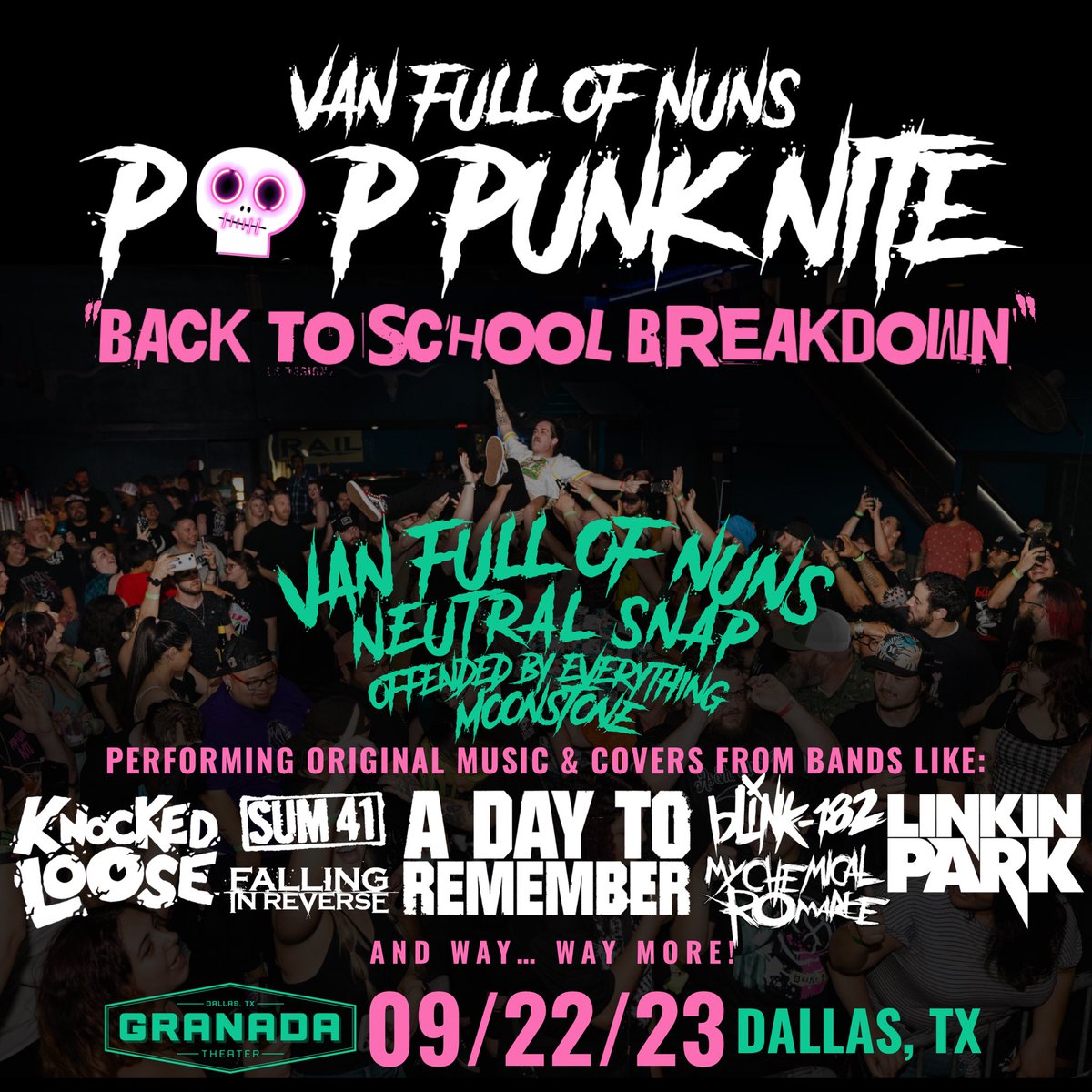 DALLAS 9-22

We are playing our first round of Pop Punk Nites in a few weeks and there’s a hometown stop on the run for us! Help us show the homies in <a href="/vanfullofnuns/">Van Full of Nuns</a> Neutral Snap and Moonstone how lit our shows can get! 

Tickets are available at vanfullofnuns.com