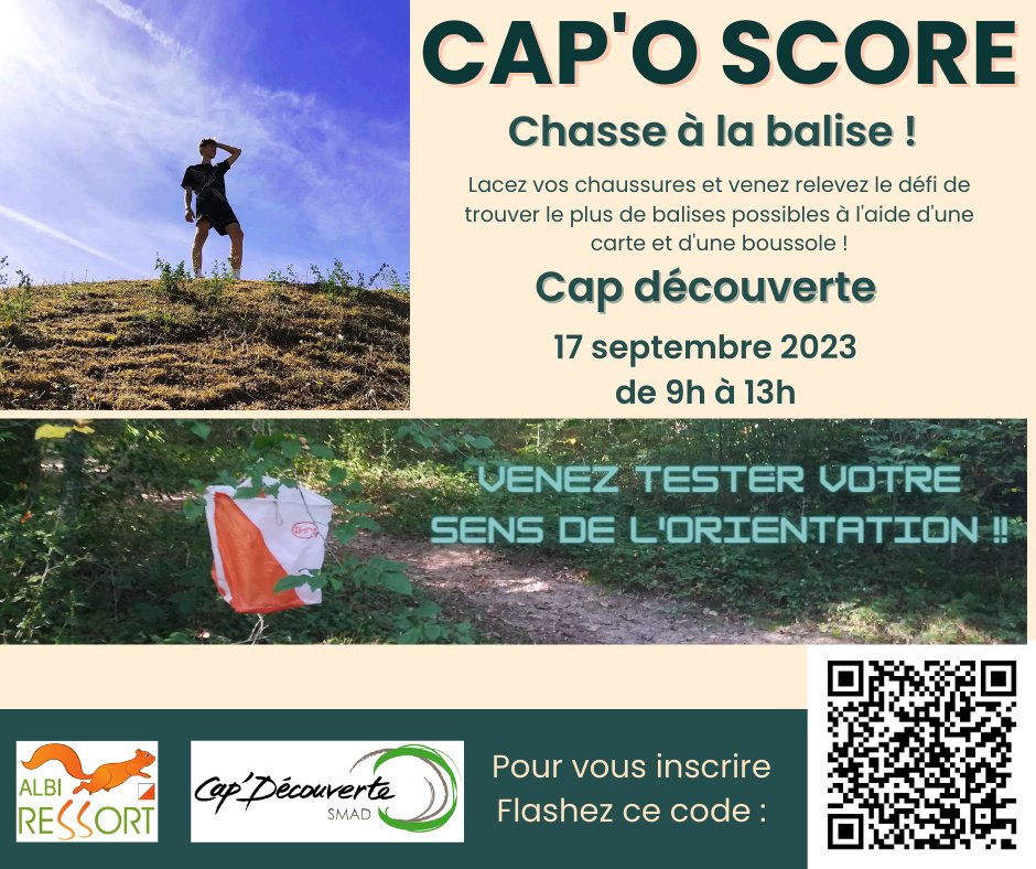 Cap_Decouverte's tweet photo. [ CAP'O SCORE ] 
Dimanche 17 septembre 2023

Chasse à la balise !
Lacez vos chaussures et venez relever le défi de trouver le plus de balises possibles à l'aide d'une carte et d'une boussole.

Rendez-vous à 9h00
Accessible à tous !
- INFOS -
https://t.co/xQg16RoaQZ https://t.co/hRuJvhOuyB