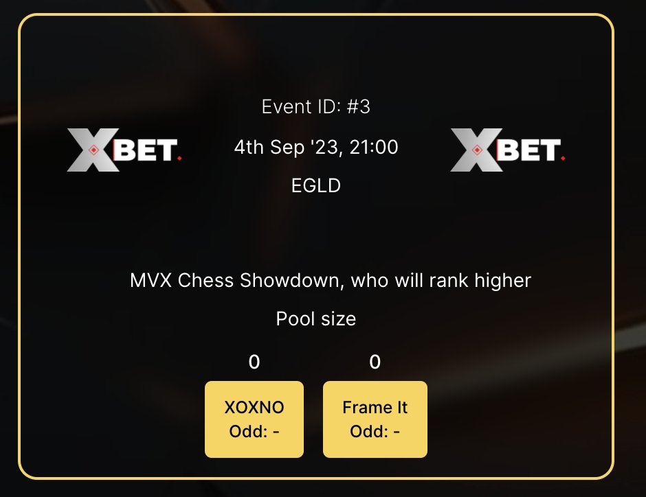 Who will rank higher?

<a href="/xoxnoNFTs/">XOXNO</a> or @FrameItNFT

🛠️ More community bets will go live! x-bet.mx/community 

🫡 If you have a project &amp; want to add a bet drop us a DM or join our TG channel: t.me/MVXBets 

#MultiversX #EGLD #MultiversXNFTs