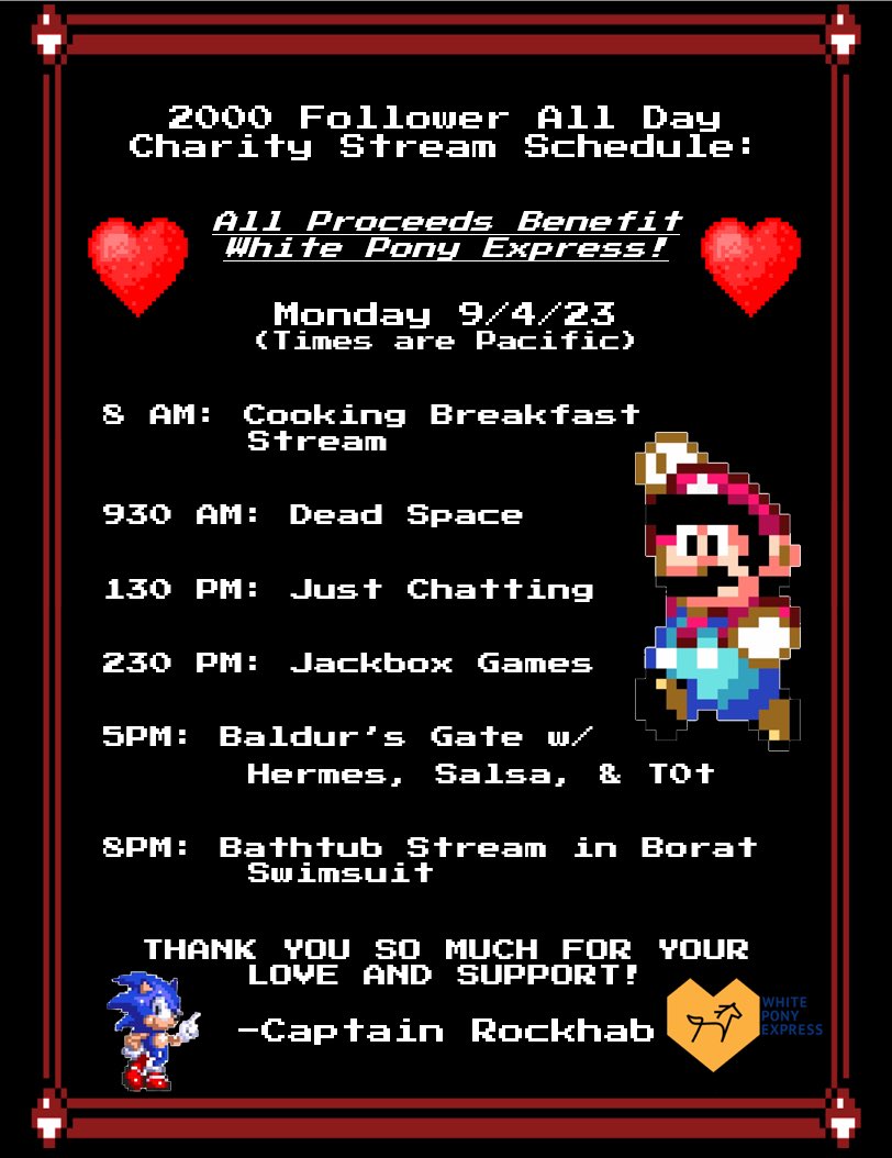 Todays the day! Hope to see you guys for our 2k Follower Celebration Charity Stream! We’ll be live soon on <a href="/Twitch/">Twitch</a> to benefit <a href="/WhitePonyEx/">White Pony Express</a>!