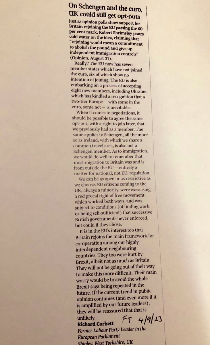 Richard Corbett (@richardgcorbett) on Twitter photo My letter to editor in today’s <a href="/FT/">Financial Times</a> , explaining why, if Britain now applied to rejoin, the EU would probably NOT insist that Britain commit to Schengen & the euro My letter to editor in today’s <a href="/FT/">Financial Times</a> , explaining why, if Britain now applied to rejoin, the EU would probably NOT insist that Britain commit to Schengen & the euro