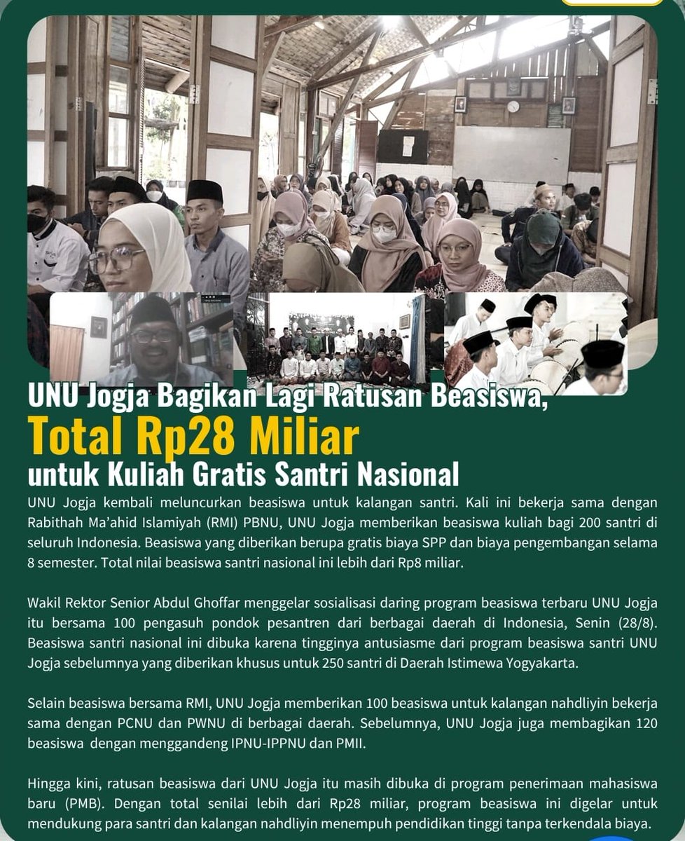Sahabat Lakpesdam, yang lagi mencari beasiswa, kali ini RMI NU dan UNU Yogyakarta membuka peluang Beasiswa Santri Nasional 2023 nih. Kuotanya mencapai 200 santri, kategori pra sejahtera dan juga kategori santri berprestasi. Informasi lengkap bisa dilihat di flyer ya.