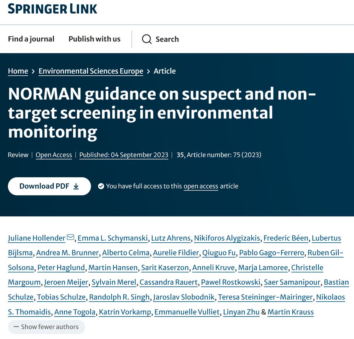 I am excited to be part of the NORMAN guidance manuscript on suspect and non-target screening! It is a must-read for any laboratory entering the field and anyone else interested. Check it out: link.springer.com/article/10.118… 

#analyticalchemistry #HRMS #NTS #NTA