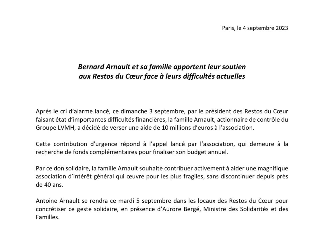 auroreberge's tweet image. L'appel que j'ai lancé hier soir à la solidarité de nos grandes réussites françaises a été entendu.

Je remercie Bernard Arnault et sa famille pour leur soutien exceptionnel aux Restos du Cœur de 10 millions d'euros.

C'est ensemble, unis, que notre pays est plus fraternel.