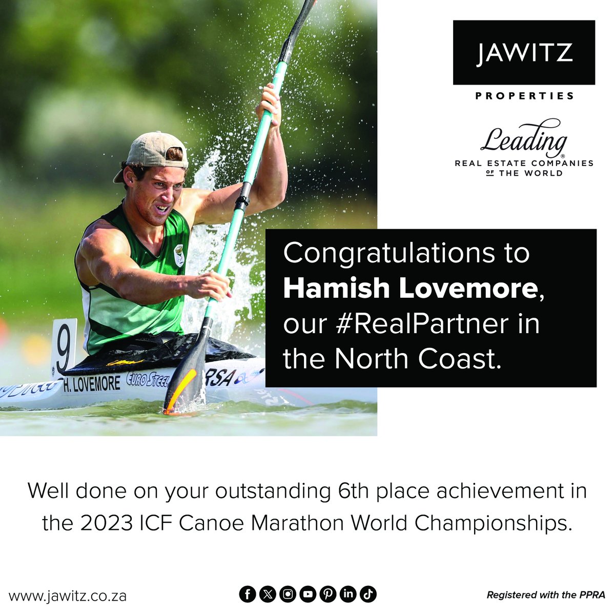 Congratulations to Hamish Lovemore, our #RealPartner at Jawitz Properties North Coast 🙌

Well done on your outstanding 6th place achievement in the 2023 ICF Canoe Marathon World Championships 👊

#Jawitz