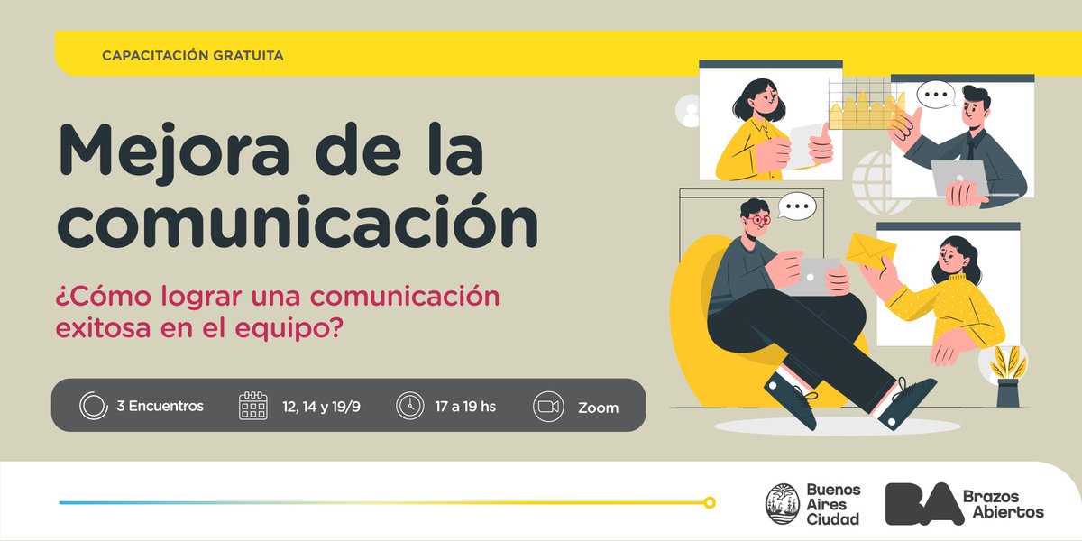 📢 ¿Querés saber cómo lograr una comunicación exitosa en el equipo? ¡Para eso llegó nuevamente la capacitación virtual y gratuita “Mejora de la comunicación”!

📆 ¿Cuándo? El 12, 14 y 19/9, de 17 a 19 Hs.

✍️ Anotate en bit.ly/MejoraDeComuni…
