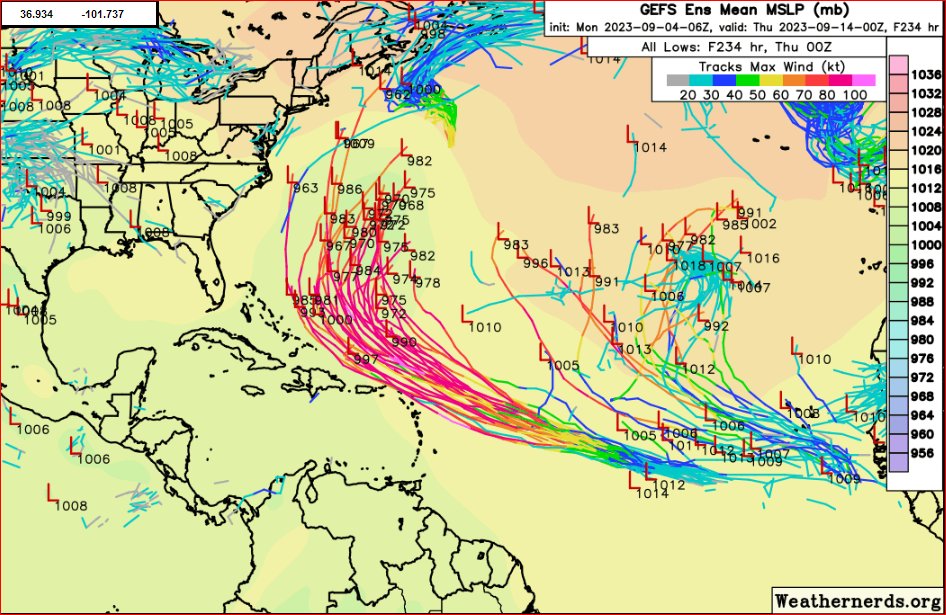 JimCantore's tweet photo. The track into next weekend for #invest95L seems pretty straightforward. Then its likely to recurve to the north per guidance members.  Now the fact we are 7 days out means that could change as could the players in the solution.  Also just because it starts to curve doesn't mean it stays that way, so much to watch after the likely turn. Certainly something to keep an eye on for our friends in #Bermuda.