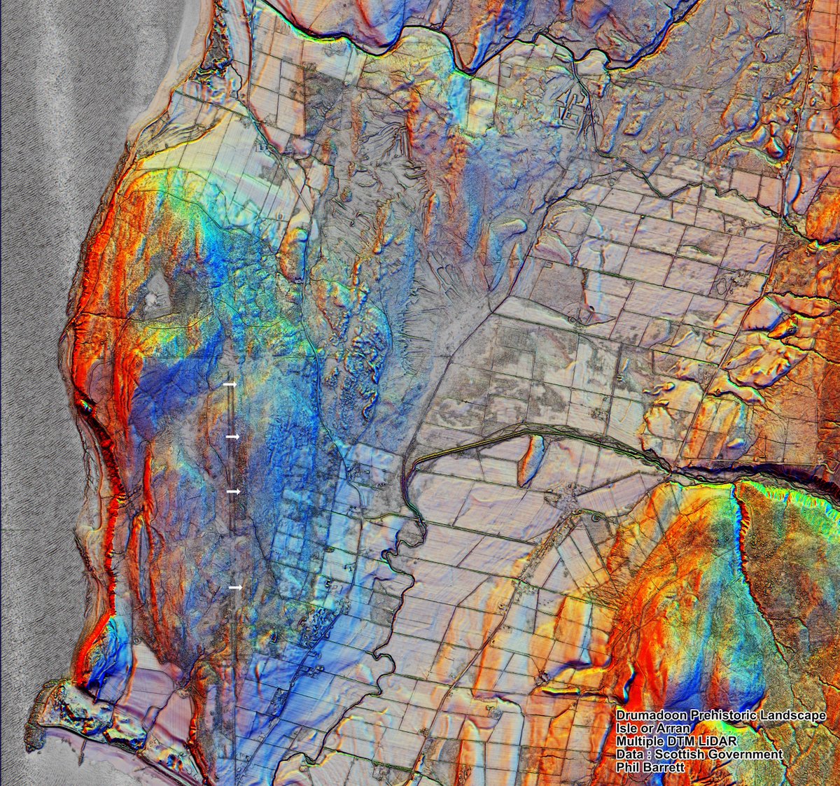 Phil_M_Barrett's tweet photo. @Caroline_Clason @E_L_Jenkins @Fossilbeetle @bournemouthuni @BU_IMSET @BU_ArchAnth @urbanprehisto I was on #Arran a couple of years ago and, as I do, did a #Lidar study of the #Machrie Moor area. Thought this might be of passing interest as an Amateur take on the stunning prehistory of the area. https://t.co/uwS7Uoq45l