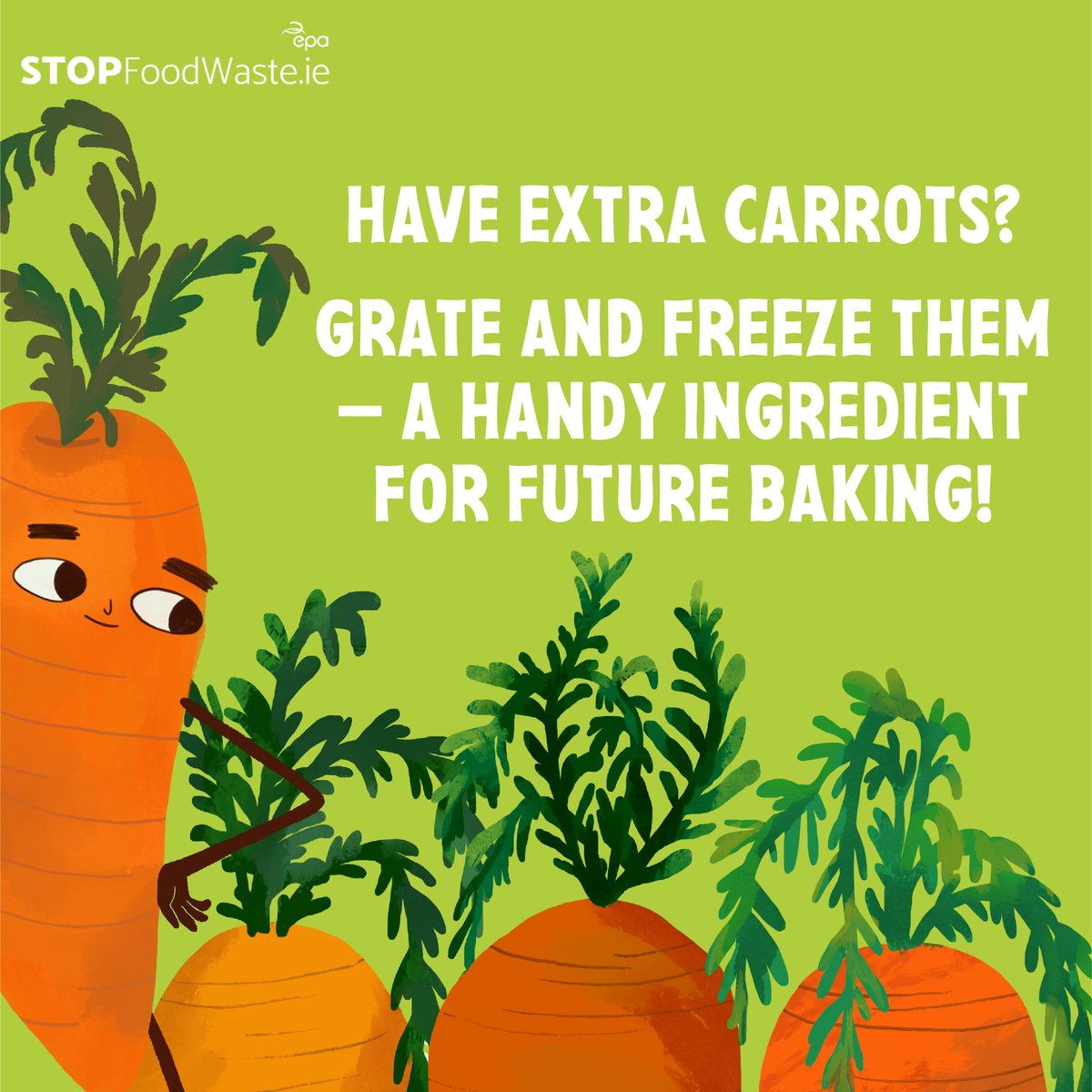 Don’t let another carrot go to waste. Grate it, freeze it and use it in carrot cakes and muffins when you next bake! Follow the link for more ways to #StopFoodWaste: stopfoodwaste.ie/shopping-and-s… #StopVeggieWaste