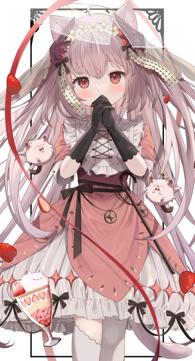 1girl animal ears strawberry solo gloves long hair dress  illustration images