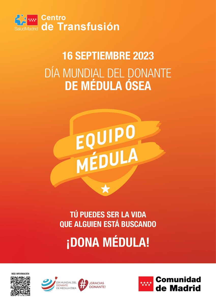 🎉 ¡Demos un gran agradecimiento a todas las personas donantes!

🟠 Tú puedes ser la vida que alguien está buscando. Dona médula.
#DMDMO2023 #GRACIASDONANTE

🧡 Únete al #EquipoMédula para la celebración del Día Mundial del Donante de Médula Ósea.

ℹ c.madrid/donarmedula