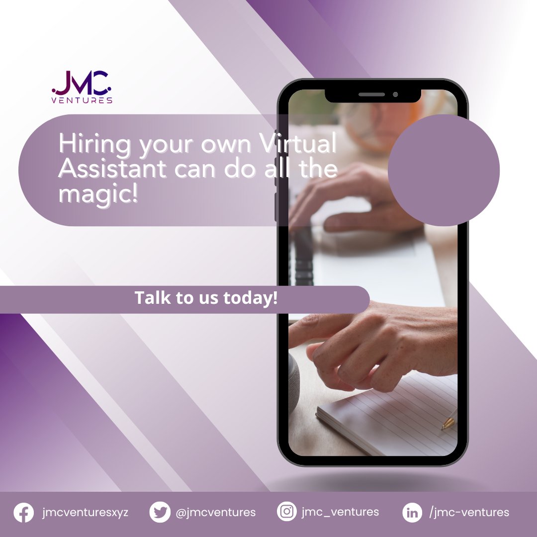 jmcventures's tweet photo. Owning a business can be overwhelming. You got too much on your plate that sometimes you forget what you need to do first and end up not doing them at all.

Hiring your own Virtual Assistant can do all the magic! Talk to us today.

#JMCVentures #JMC #VirtualAssistant #VA https://t.co/SE7ONQFVE4